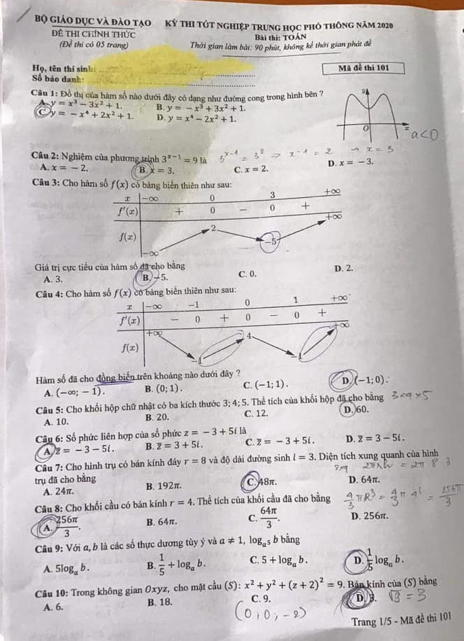 Gợi ý đáp án môn Toán thi tốt nghiệp THPT 2020