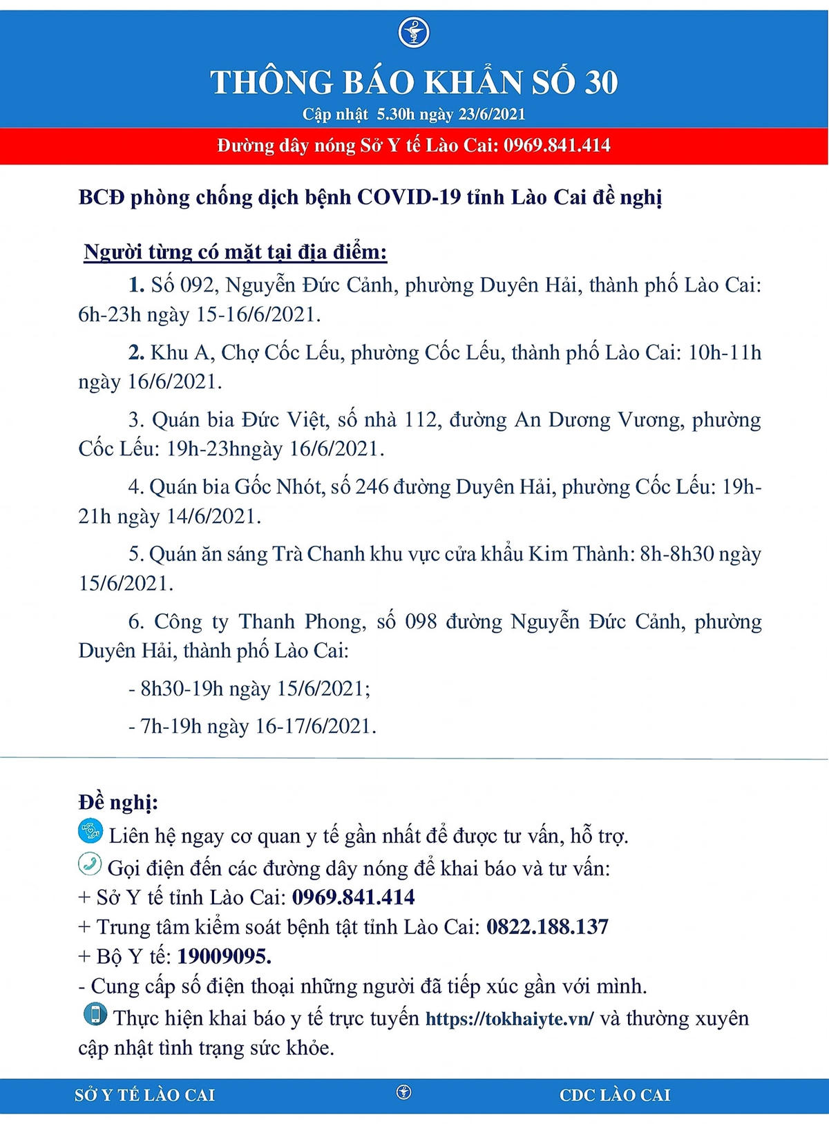 Lào Cai: Tìm người đến 5 địa điểm liên quan đến ca nghi nhiễm Covid-19