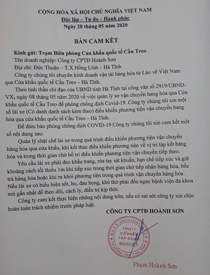 Bản cam kết của Công ty CP Tập đoàn Hoành Sơn.