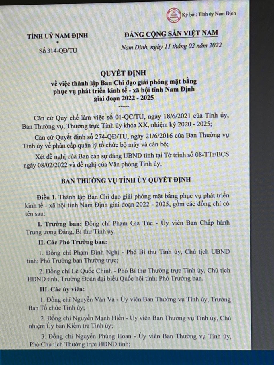 Quyết định của Ban Thường vụ Tỉnh ủy Nam Định.