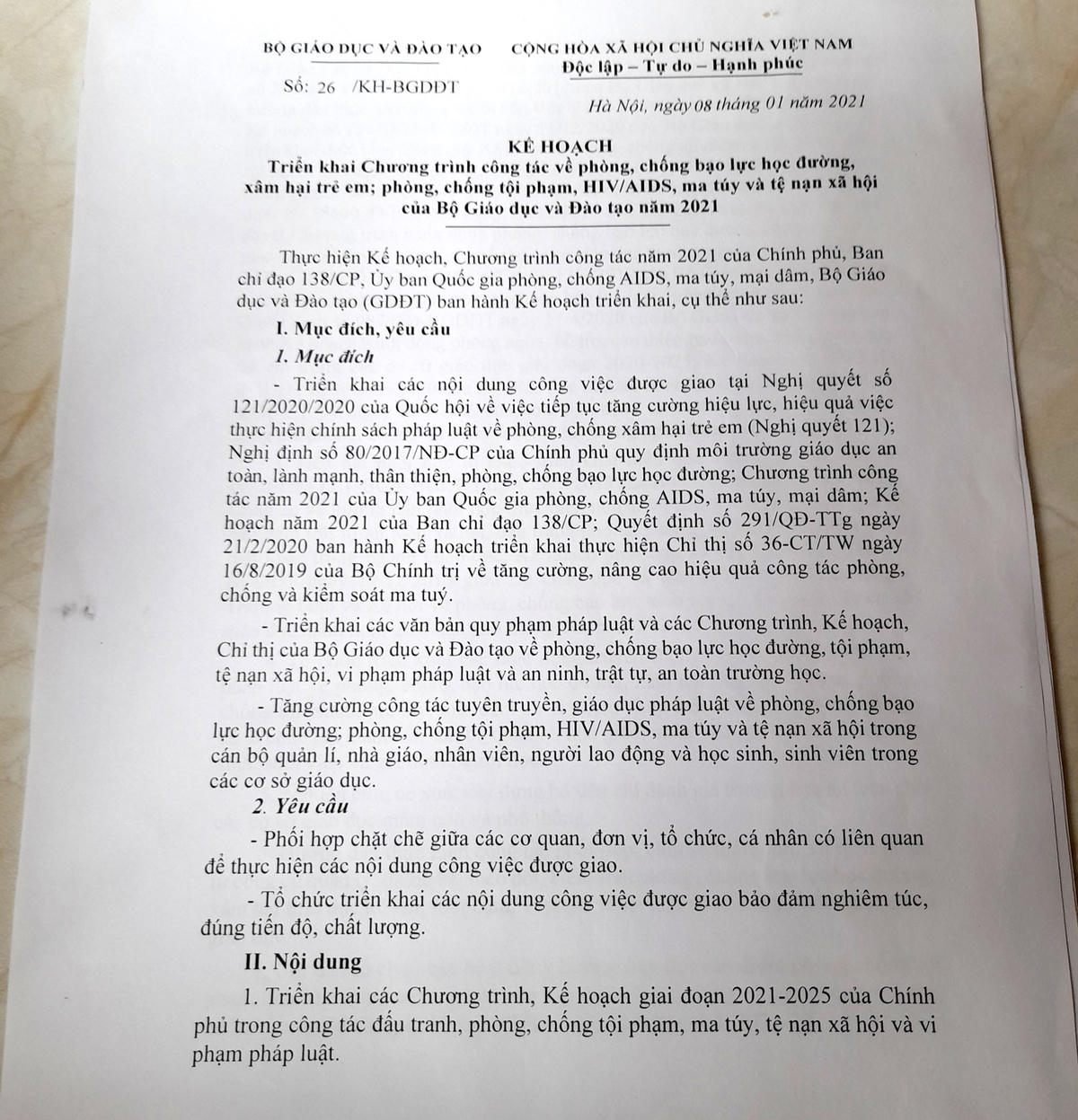 Kế hoạch số 26 (gốc) do Thứ thưởng Bộ GDĐT Ngô Thị Minh ký ban hành.