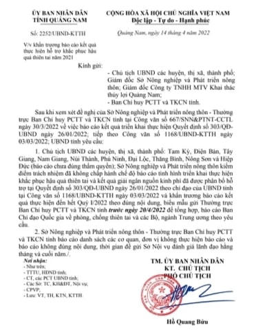 Công văn yêu cầu báo cáo kết quả thực hiện hỗ trợ khắc phục hậu quả thiên tai năm 2021.