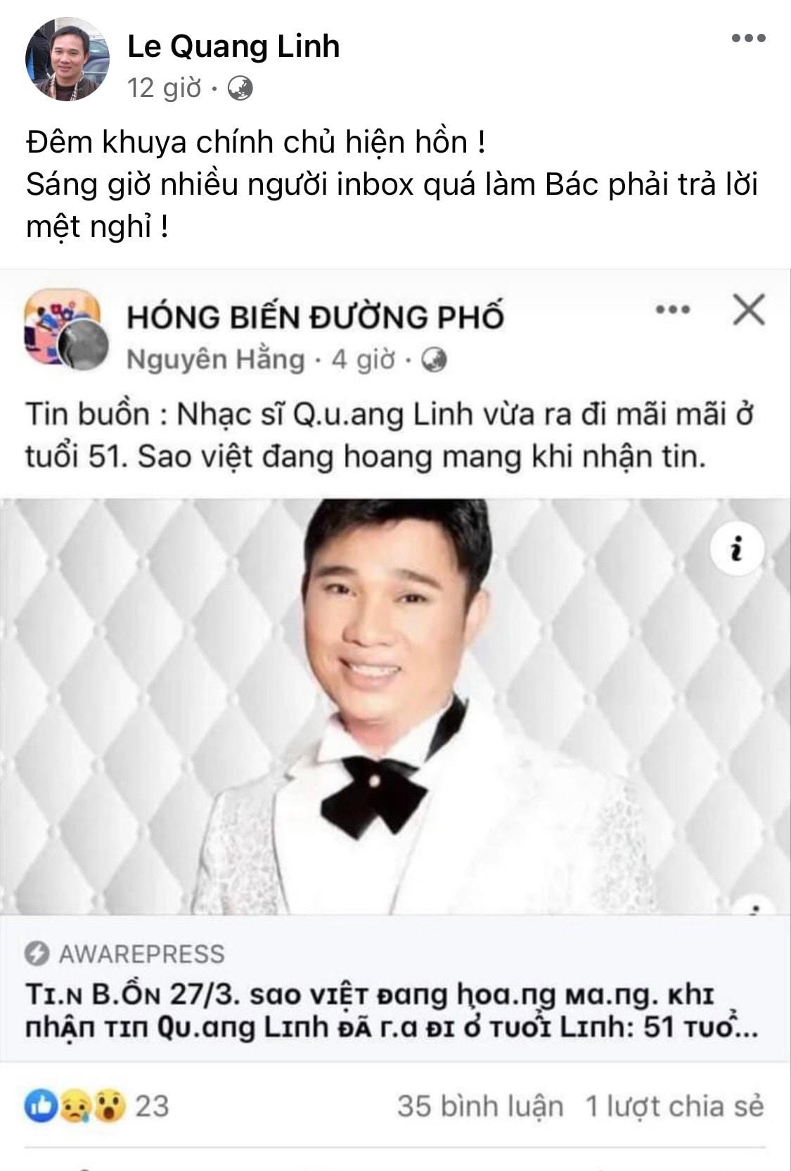 Nam ca sĩ lên tiếng đính chính thông tin vào lúc nửa đêm. 
