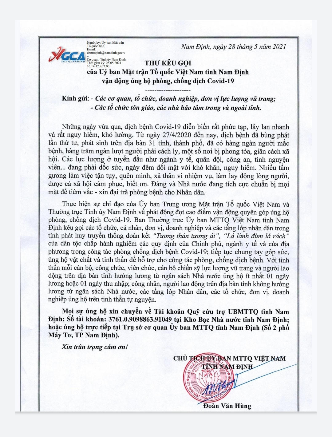 Thư kêu gọi ủng hộ phòng chống dịch Covid-19 của Ủy ban MTTQ Việt Nam tỉnh Nam Định.