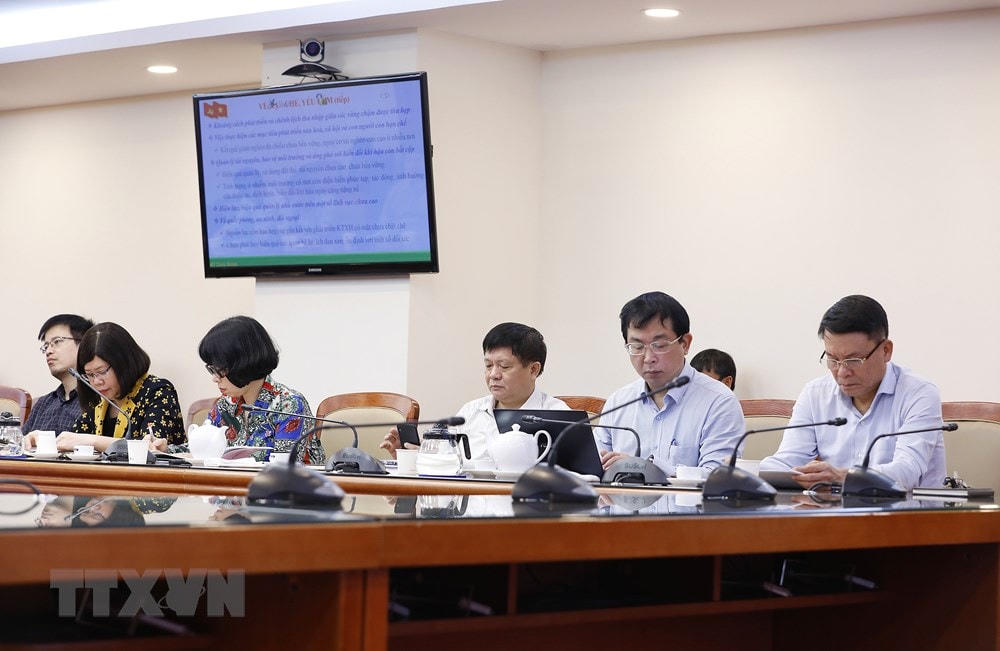 Ban lãnh đạo, Thường vụ Đảng ủy TTXVN dự hội nghị tại điểm cầu Thống tấn xã Việt Nam (Hà Nội). (Ảnh: Dương Giang/TTXVN).