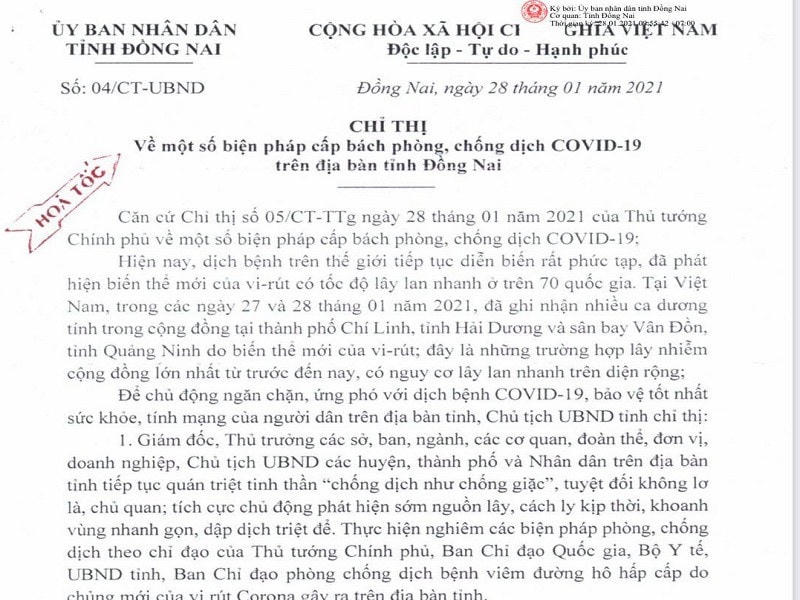 UBND tỉnh Đồng Nai có văn bản hỏa tốc về phòng chống dịch trên địa bàn. 