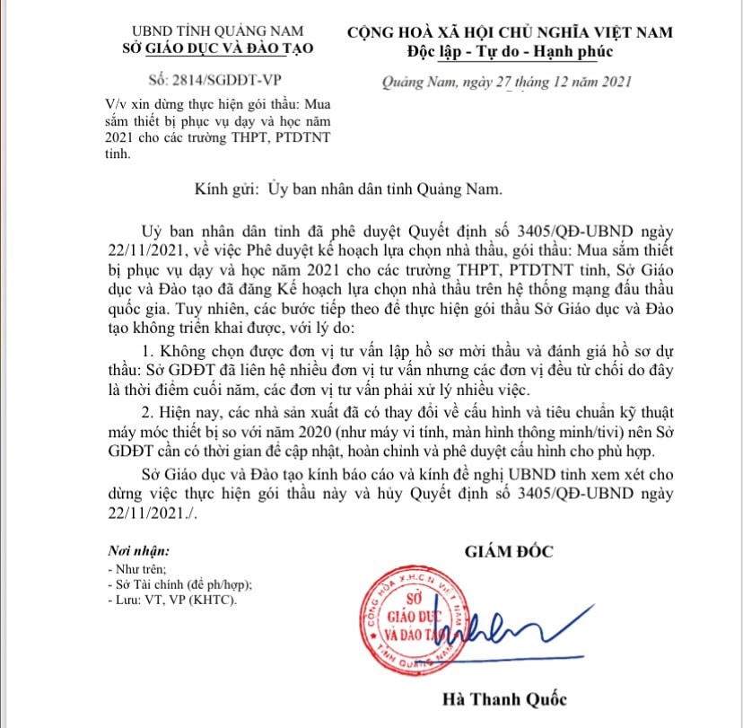 Văn bản Sở GDĐT ký đề nghị dừng thầu.