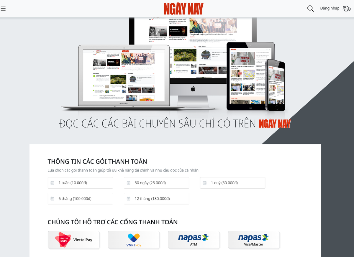 Trang đăng ký mua gói đọc báo của Tạp chí Ngày Nay (https://ngaynay.vn/account/payment.html) với các cổng thanh toán đa dạng.