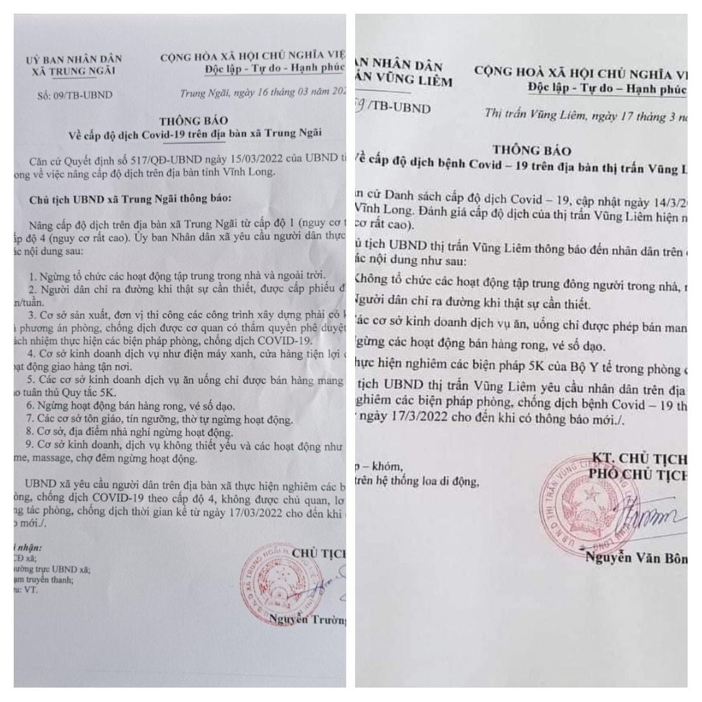 Hai địa phương thuộc huyện Vũng Liêm ban hành văn bản phòng chống dịch Covid-19.