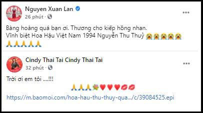 Siêu mẫu Xuân Lan, ca sĩ Cindy Thái Tài cũng đồng loạt gửi lời chia buồn, tiếc thương đến Hoa hậu Thu Thủy.