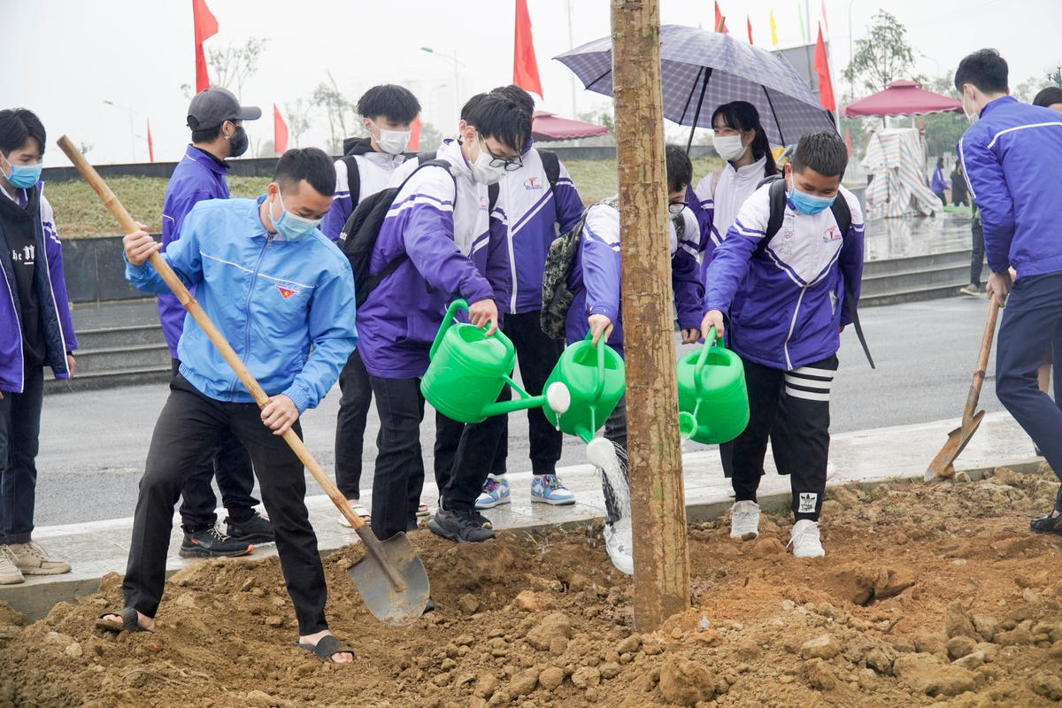 Đông đảo học sinh trên địa bàn TP Thanh Hoá tham gia tưới nước, trồng cây.