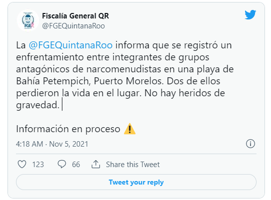 Bài viết của Cảnh sát trưởng bang Quintana Roo, Mexico trên tài khoản Twitter của mình . 