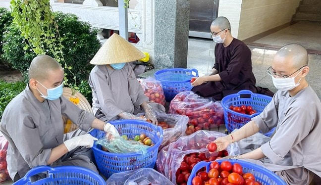 Tăng ni, phật tử tham gia tiếp nhận, phân loại nhu yếu phẩm để hỗ trợ người dân có hoàn cảnh khó khăn tại các điểm cách ly, phong tỏa do ảnh hưởng dịch Covid -19 trên địa bàn huyện Bình Chánh. (Ảnh: Thy Thơ).