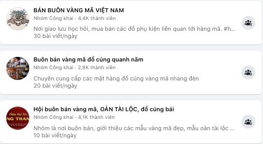Một số nhóm trên Facebook dành cho những người có nhu cầu mua bán đồ vàng mã. 