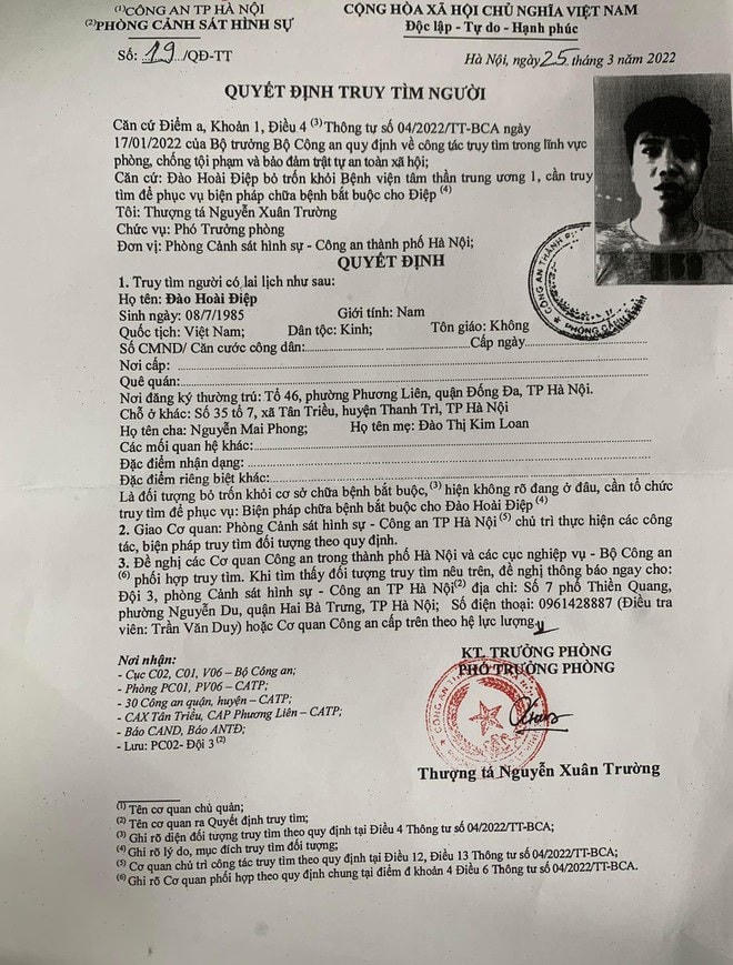 Quyết định truy tìm của cơ quan công an. (Ảnh: Công an Hà Nội).