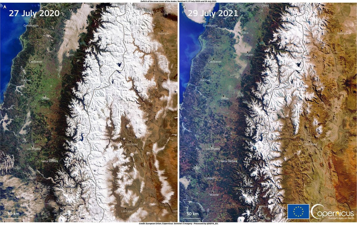 Hình ảnh được một trong các vệ tinh Copernicus Sentinel-3 thu được cho thấy tình trạng "thâm hụt" tuyết ảnh hưởng đến dãy núi Andes ở Nam Mỹ. (Ảnh: Reuters).