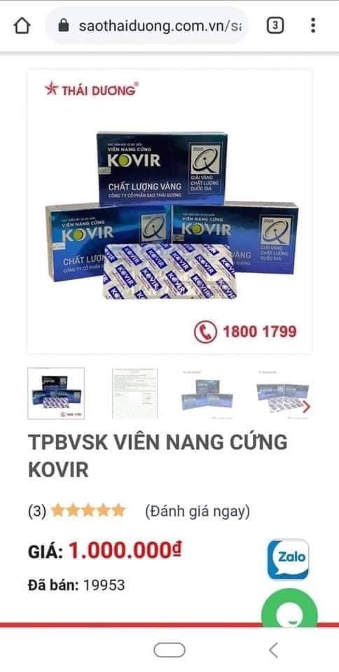 Giá bán sản phẩm Kovir đã được điều chỉnh tăng lên 1.000.000/ hộp