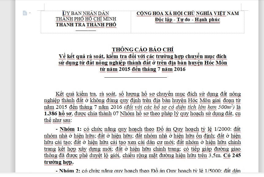 Thông cáo báo chí về kết quả rà soát hàng ngàn hồ sơ sai phạm đất đai tại Hóc Môn, TP HCM.