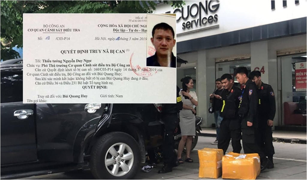 Lực lượng chức năng khám xét điểm bán hàng công ty Nhật Cường cùng lệnh truy nã bị can Bùi Quang Huy.