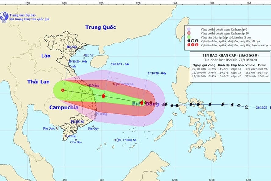 Vị trí và đường đi của bão số 9. Ảnh: Trung tâm Dự báo KTTV Quốc gia.
