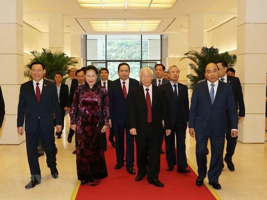 Tổng Bí thư, Chủ tịch nước Nguyễn Phú Trọng, Thủ tướng Nguyễn Xuân Phúc, Chủ tịch Quốc hội Nguyễn Thị Kim Ngân, Chủ tịch UBTƯ MTTQ Việt Nam Trần Thanh Mẫn dự Lễ kỷ niệm.