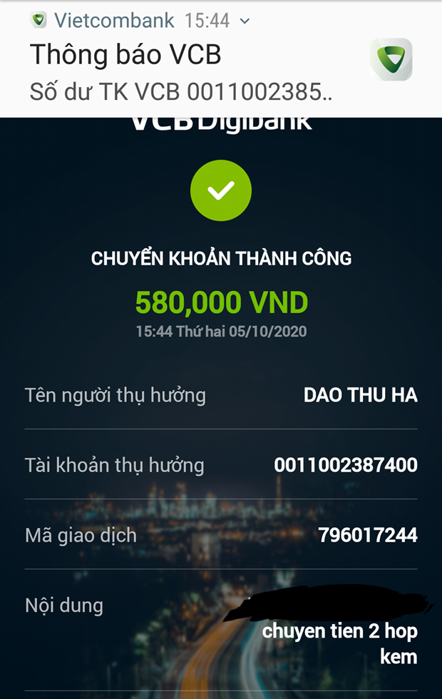 Chị Hạnh đã chuyển khoản thành công lúc 15 giờ 44 phút ngày 5/10. (Ảnh nhân vật cung cấp).
