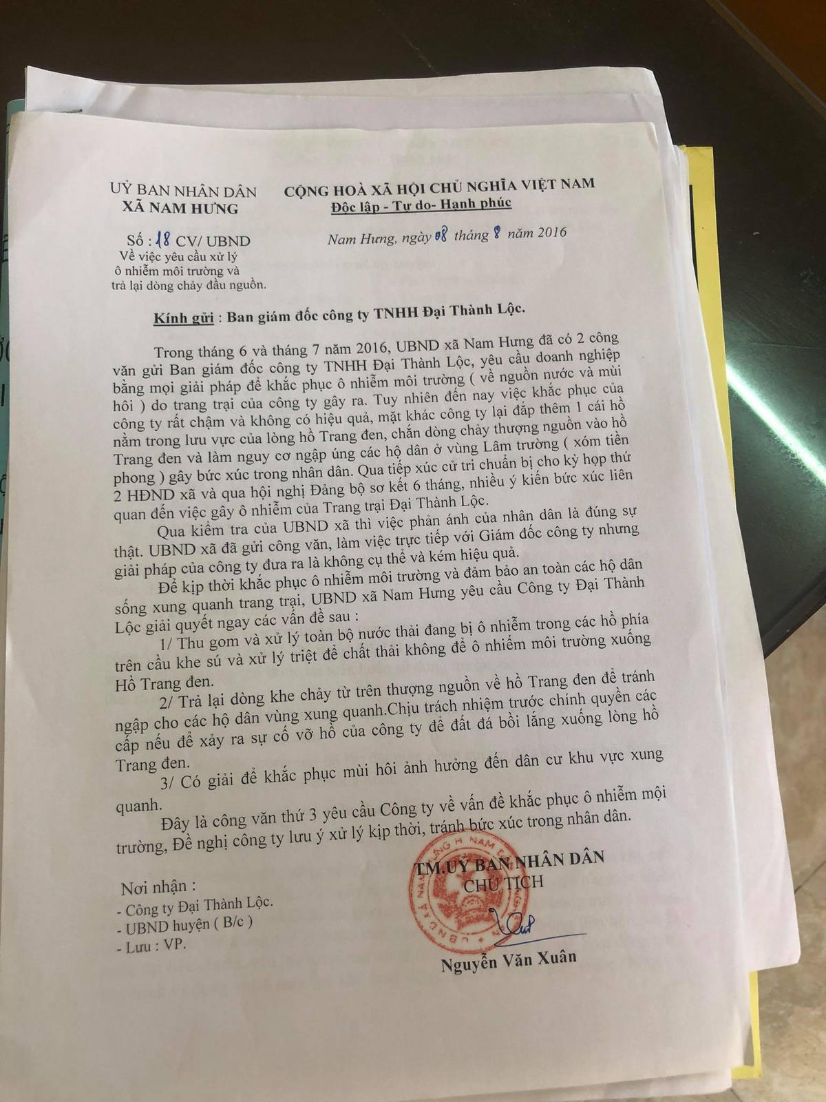 UBND xã Nam Hưng nhiều lần làm công văn yêu cầu Công ty Đại Thành Lộc khắc phục vấn đề ô nhiễm nhưng vẫn không hiệu quả.