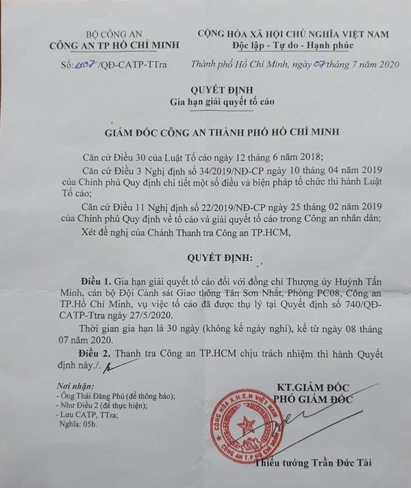 Quyết định gia hạn của Công an TP HCM với vụ việc.