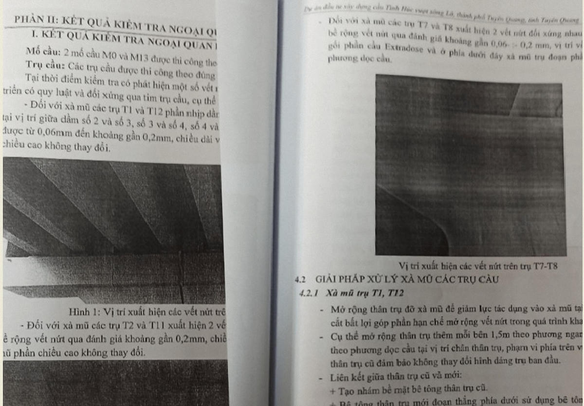 Một phần nội dung Kết quả kiểm tra và Giải pháp xử lý các trụ cầu bị nứt được chính chủ đầu tư phê duyệt.  