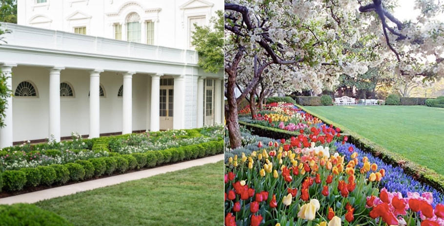 Hình ảnh khu vườn của Nhà Trắng ở 2 thời điểm, bên trái (thời bà Melania Trump), bên phải (thời cựu Đệ nhất phu nhân Jackie Kennedy).