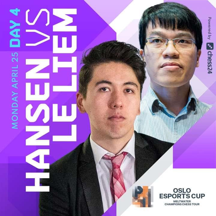 Lê Quang Liêm đã thắng thuyết phục Eric Hansen ở trận đấu thứ 4 Oslo Esports Cup. Ảnh: chess24.com.