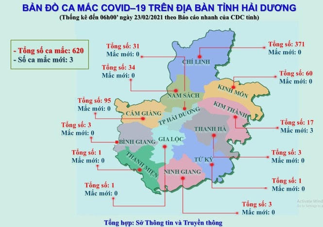 Bản đồ ca mắc COVID-19 tại tỉnh Hải Dương, cập nhật sáng 23/2. Đồ họa: Haiduong.gov.