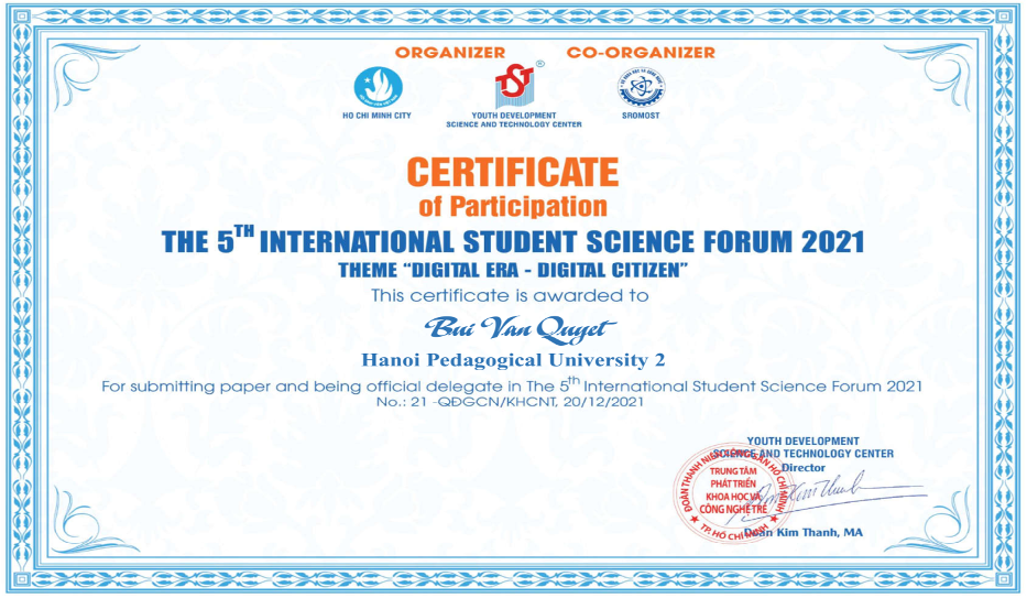 Giấy chứng nhận sinh viên K. GDTC tham dự  diễn đàn khoa học sinh viên Quốc tế năm 2021