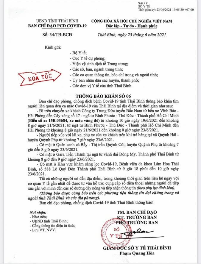 Thông báo khẩn của Ban chỉ đạo phòng chống dịch Covid-19 tỉnh Thái Bình