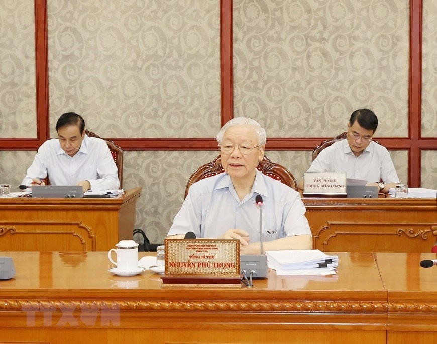 Tổng Bí thư Nguyễn Phú Trọng phát biểu kết luận cuộc họp. (Ảnh: Trí Dũng/TTXVN).