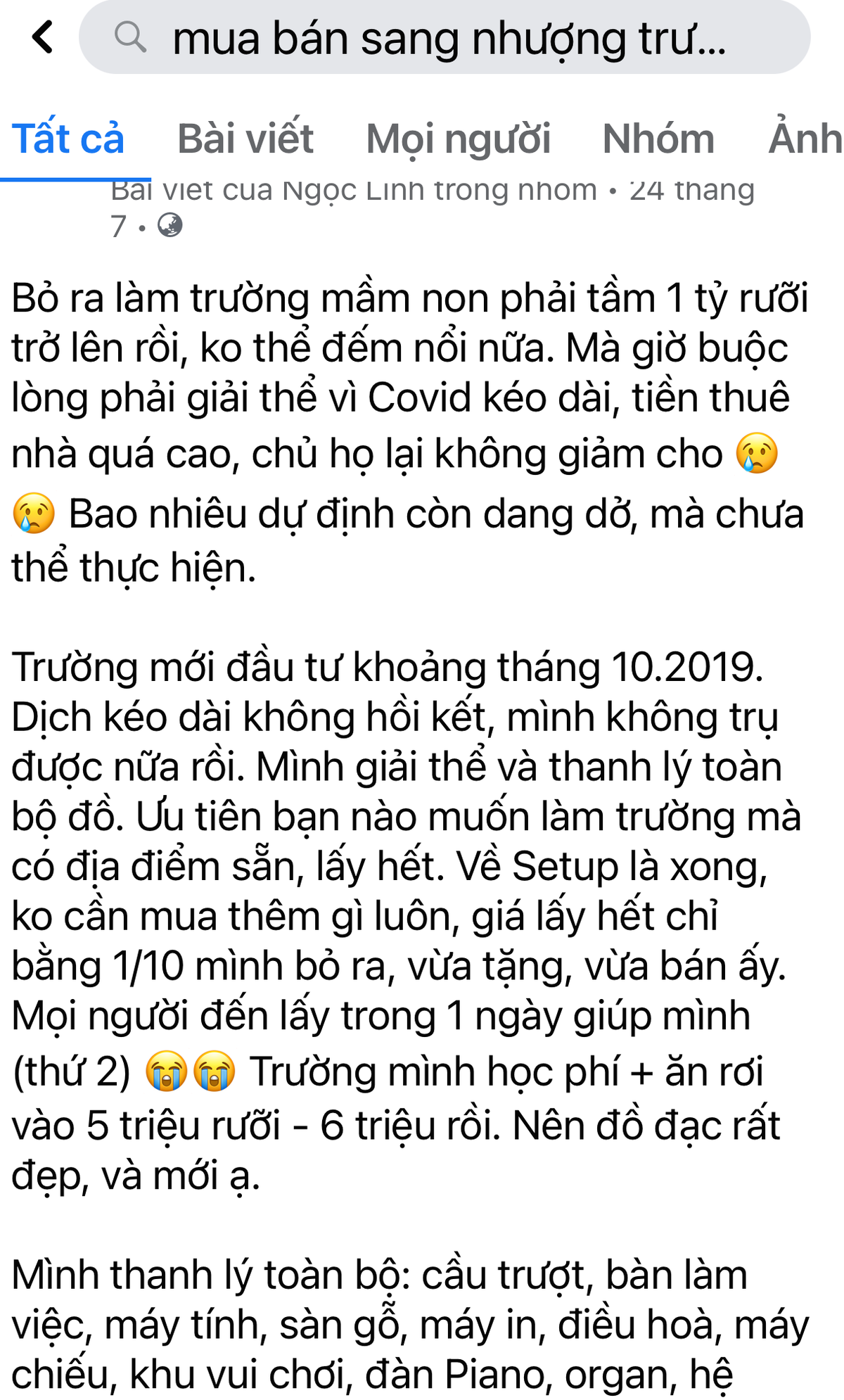 Không khó tìm kiếm các thông tin sang nhượng trường mầm non tư thục trên mạng xã hội thời điểm này.