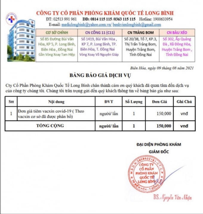 Bảng báo giá dịch vụ tiêm vaccine Covid-19 của Phòng khám quốc tế Long Bình được lan truyền trên mạng xã hội trước đó.