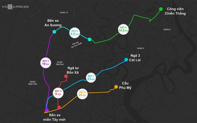 Sơ đồ các tuyến buýt nhanh BRT tại TP HCM, trong đó tuyến BRT 1 đi ngang trung tâm hành chính Bình Chánh. Đồ họa: VnExpress.