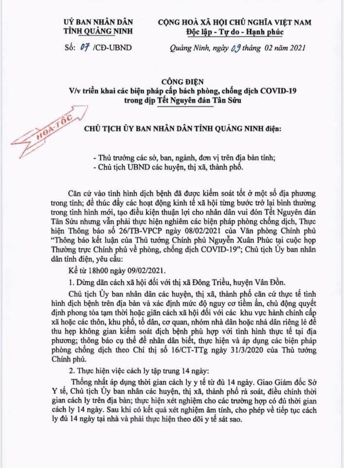 Ảnh công điện của UBND tỉnh Quảng Ninh.
