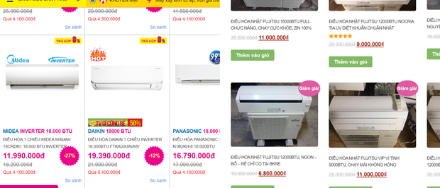 Mức giá của điều hòa Nhật bãi rẻ hơn khá nhiều so với hàng truyền thống. (Ảnh chụp màn hình).