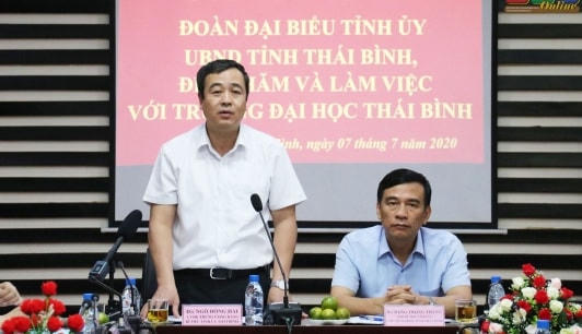 Bí thư Tỉnh ủy Thái Bình Ngô Đông Hải phát biểu tại buổi làm việc với Trường Đại học Thái Bình. Ảnh: Báo Thái Bình.