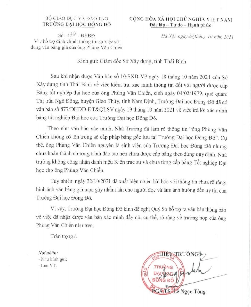Văn bản Đại học Đông Đô gửi Sở Xây dựng Thái Bình.