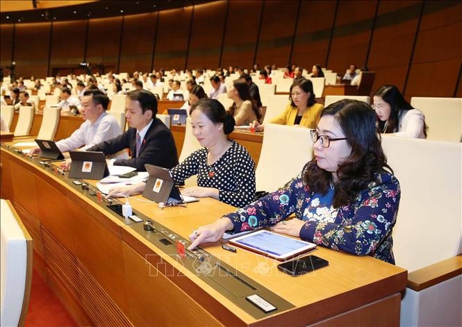 Chú thích ảnh Chiều 25/12/2019, Đại biểu Quốc hội thành phố Đà Nẵng biểu quyết thông qua Luật sửa đổi, bổ sung một số điều của Luật Nhập cảnh, xuất cảnh, quá cảnh, cư trú của người nước ngoài tại Việt Nam. Ảnh: Phương Hoa/TTXVN