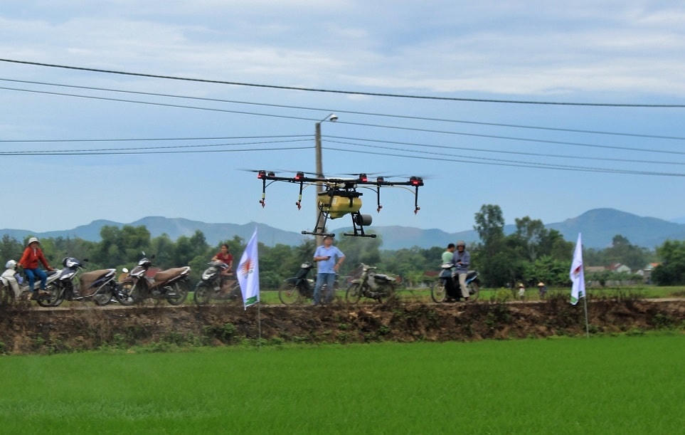 Drone tiến hành phun thuốc BVTV trên cánh đồng lúa xã Bình Trung.