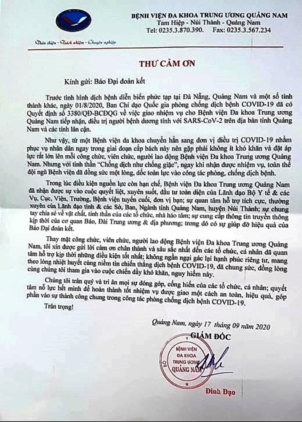 BVĐK TƯ Quảng Nam gửi thư cảm ơn báo Đại Đoàn Kết.