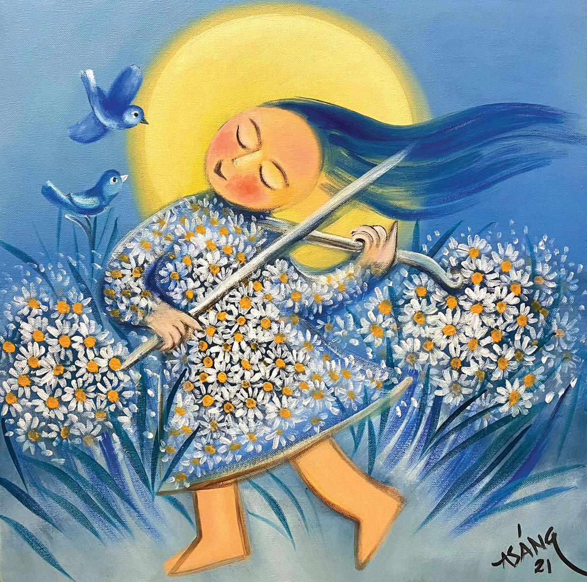 “Cô bé chơi đàn” (Sơn dầu, 2021).