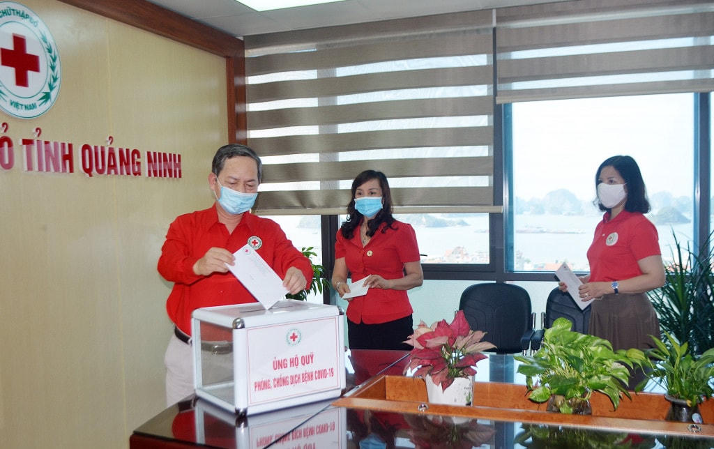 Các cán bộ Hội CTĐ tỉnh ủng hộ Quỹ phòng, chống dịch Covid-19. Ảnh: Báo Quảng Ninh.