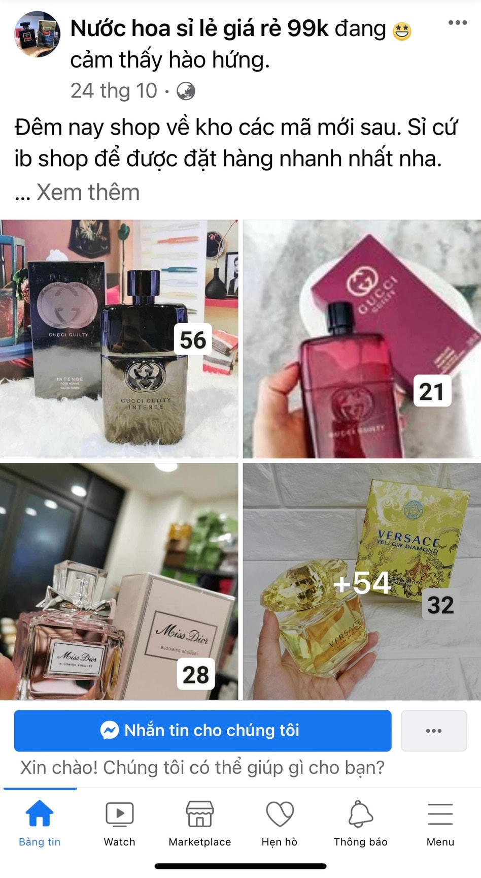 Một trang bán nước hoa online trên mạng xã hội facebook rao bán giá sỉ các sản phẩm chỉ từ 99.000 đồng.