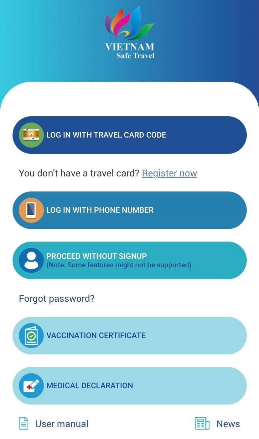 Ứng dụng Du lịch Việt Nam an toàn được Tổng cục Du lịch Việt Nam ra mắt vào tháng 10/2020 (bao gồm phiên bản tiếng Việt và tiếng Anh). Hiện nay ứng dụng tích hợp khai báo y tế, chứng nhận tiêm chủng... cho mỗi cá nhân. Ảnh chụp màn hình