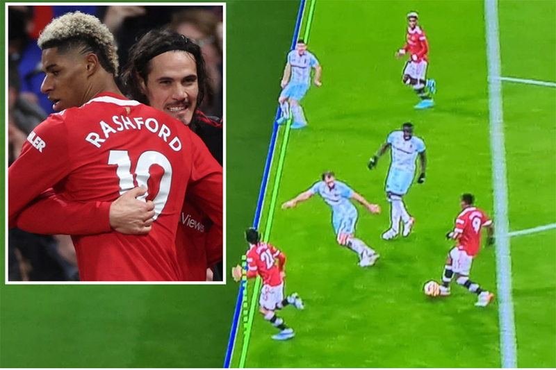 Pha thoát xuống đầy nhạy cảm gây tranh cãi của Cavani về việc có việt vị hay chưa. Ảnh: Sun Sports.